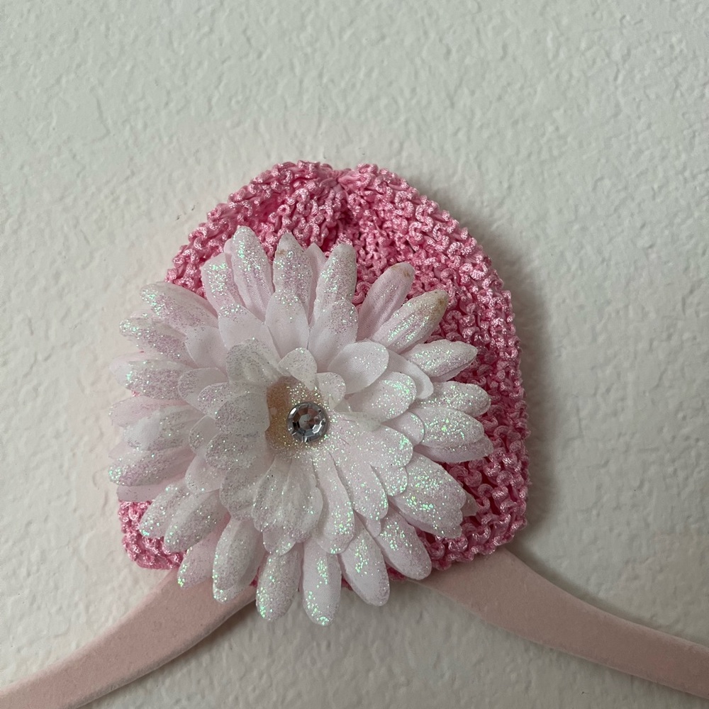 Pink and White Crochet Baby Headbands with White Sparkle Flower
